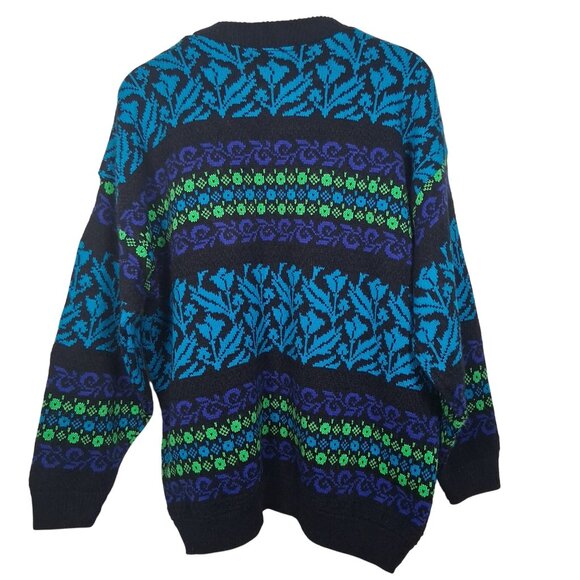 Vintage 90s Arielle Sweater Women XL Black Blue Green Geometric Floral Retro USA - Picture 2 of 8